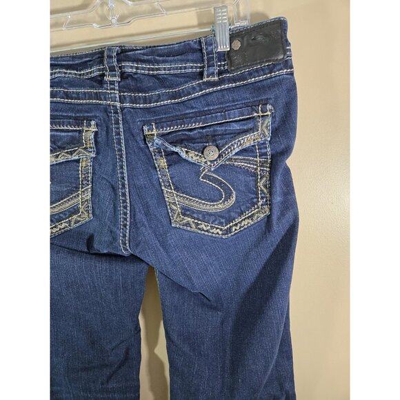 Silver Suki Mid Slim Boot Dark Wash Thick Stitched Fluid Denim Crop 33 - Picture 1 of 10